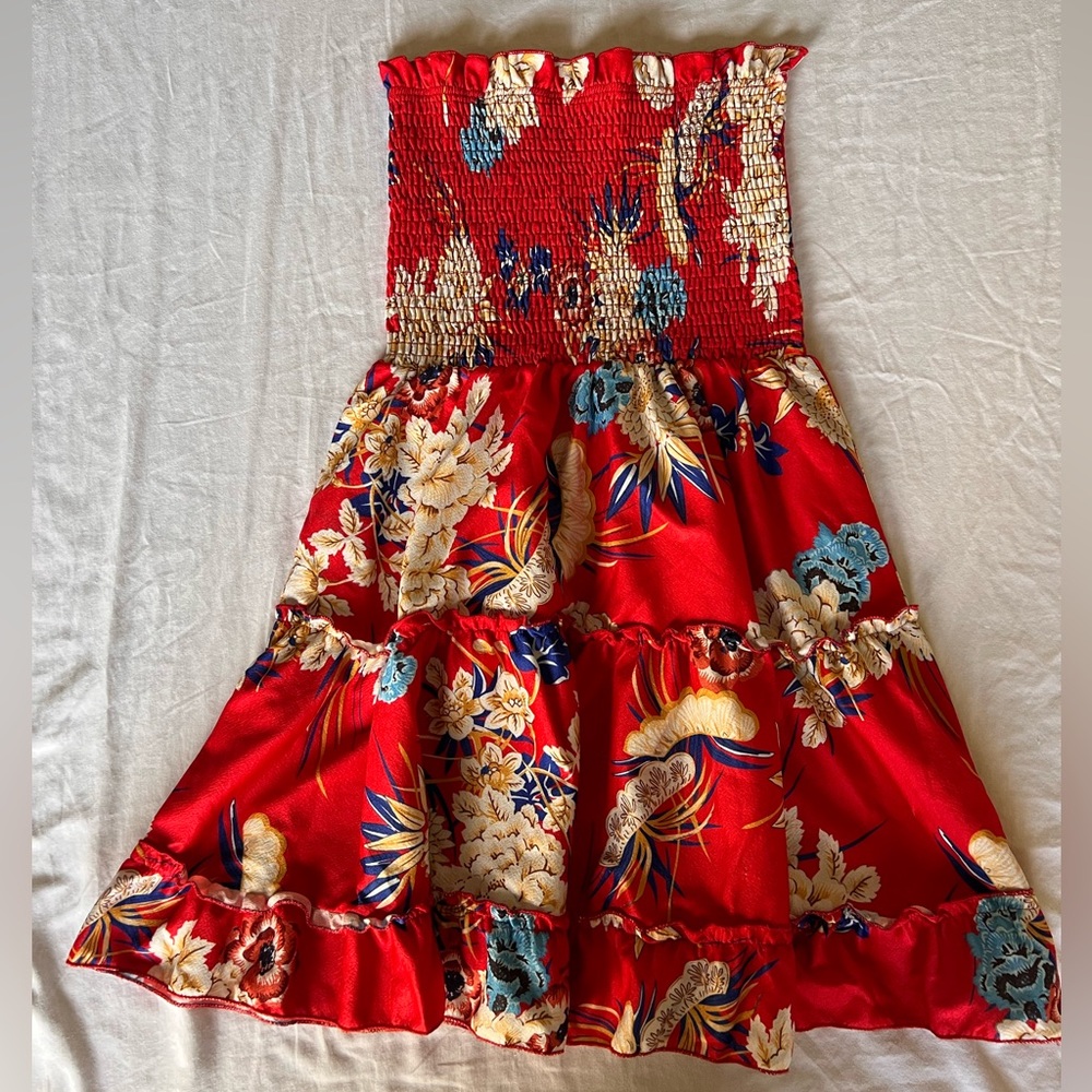 Women's Floral Strapless Pleated Flowy Smocked Mini Tube Dress Red
